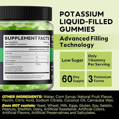 Potassium Supplement 500mg 3 in 1 Potassium Complex Gummies, Chewables with Potassium Citrate, Potassium Chloride, Potassium Gluconate, Extra Strength Blend, 60 Count