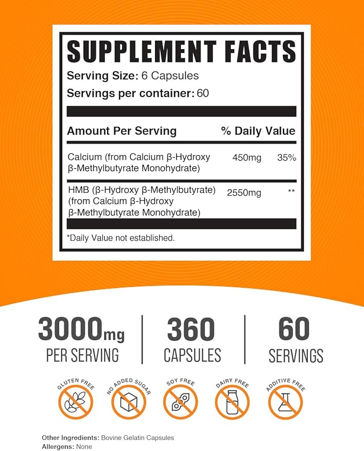 BulkSupplements.com HMB Capsules - as Calcium HMB Supplement, Beta-Hydroxy Beta-Methylbutyrate - Gluten Free, 6 Capsules per Serving (3000mg), 360 Count (Pack of 1)