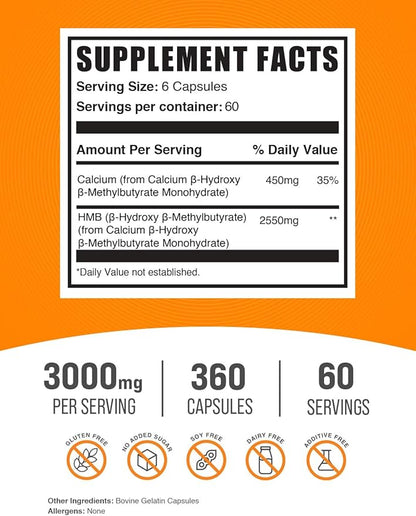 BulkSupplements.com HMB Capsules - as Calcium HMB Supplement, Beta-Hydroxy Beta-Methylbutyrate - Gluten Free, 6 Capsules per Serving (3000mg), 360 Count (Pack of 1)