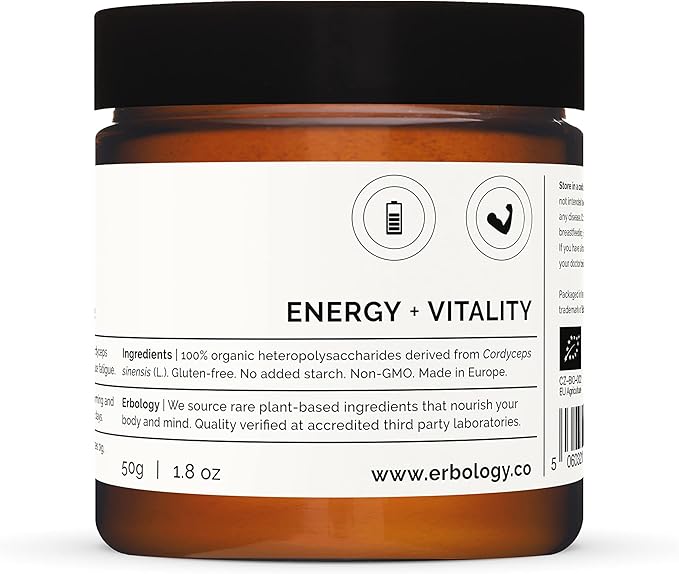 Erbology Organic Cordyceps Mushroom Powder 50 Servings - 48% Beta-glucans - Energy and Performance - Cordyceps Sinensis - Small Batch - Sustainably Grown in Europe - Vegan - Non-GMO - No Added Fillers