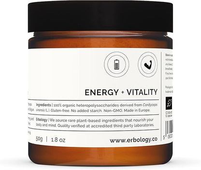 Erbology Organic Cordyceps Mushroom Powder 50 Servings - 48% Beta-glucans - Energy and Performance - Cordyceps Sinensis - Small Batch - Sustainably Grown in Europe - Vegan - Non-GMO - No Added Fillers