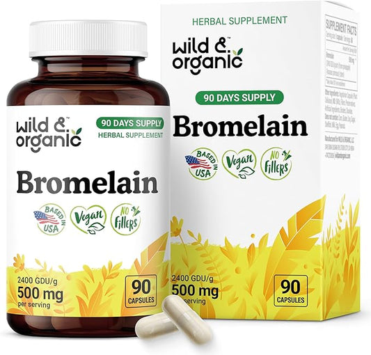 Wild & Organic Bromelain 500 mg Capsules - Digestive Support - Natural Bromelain Supplement - Pineapple Enzyme Source - Vegan, No Fillers, Non-GMO - 90 Count