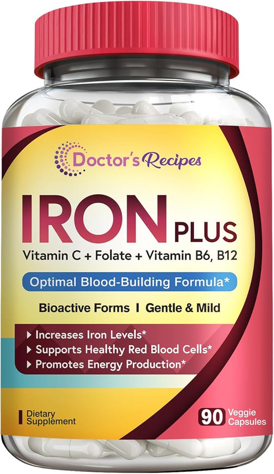 Doctor's Recipes Iron Supplement for Women Men - Gentle Iron Bisglycinate with Vitamin C, B6, Folate & B12 - Non-Constipating & Stomach Friendly Iron Pills for Blood & Energy Support, 90 Vegan Caps