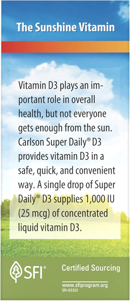 Carlson - Super Daily D3, Vitamin D Drops, 1,000 IU (25 mcg) per Drop, 1-Year Supply, Vitamin D3 Liquid, Heart & Immune Health, Vegetarian, Liquid Vitamin D3 Drops, Unflavored, 365 Drops