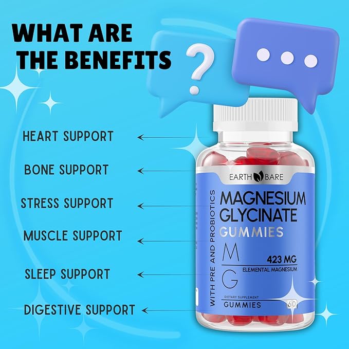 Magnesium Glycinate Gummies - High Potency Magnesium Supplement with Maximum 423mg of Elemental Magnesium, Pre and Probiotics | Magnesium Bisglycinate for Superior Health Support | 60 Count