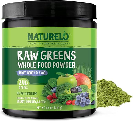 NATURELO Raw Greens Superfood Powder - Mixed Berry - Boost Energy, Detox, Enhance Health - Organic Spirulina - Wheat Grass - Whole Food Nutrition from Fruits & Vegetables - 240 Grams
