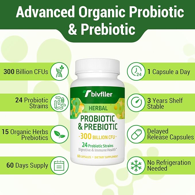 Probiotics for Women Men- 300 Billion CFU, 24 Strains Probiotic+15 Organic Herbs Prebiotics Blend, Pre and Probiotics, for Digestive Health, Immune & Gut, Diarrhea, Bloating, Vegan, 4 Month Supply