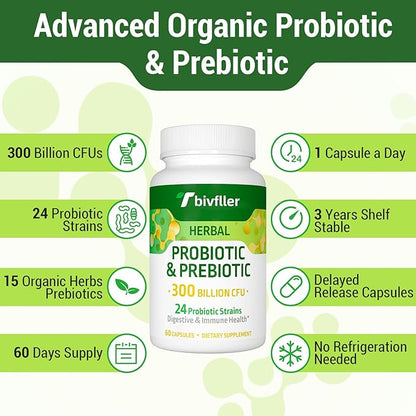 Probiotics for Women Men- 300 Billion CFU, 24 Strains Probiotic+15 Organic Herbs Prebiotics Blend, Pre and Probiotics, for Digestive Health, Immune & Gut, Diarrhea, Bloating, Vegan, 4 Month Supply