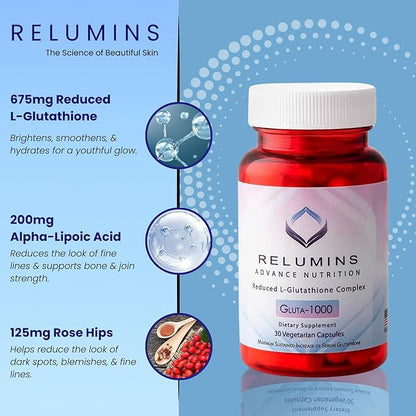 Relumins Advance Nutrition Gluta 1000 - Reduced L-Glutathione, Alpha Lipoic Acid & Rose HIPS - Antioxidant Support for Skin & Overall Wellness - 60 Veg Capsules x 3 Bottles (90-Day Supply)