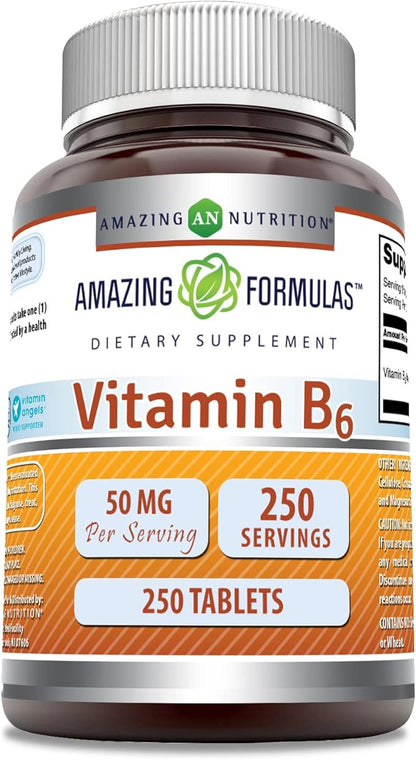Amazing Formulas Vitamin B6 Pyridoxine 50mg 250 Tablets Supplement | Non GMO | Gluten Free | Made in USA