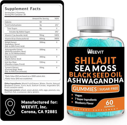 Shilajit Sea Moss Ashwagandha Gummies with Turmeric, Black Seed Oil, Vitamin C D for Men & Women, Shilajit and Ashwagandha Gummy, All in 1 Supplements for Immune, Absorption & Energy Support