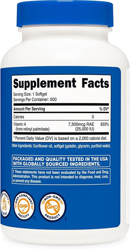 Nutricost Vitamin A 25000 IU, 500 Softgels, Non-GMO, Gluten Free