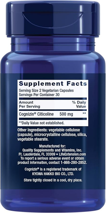Life Extension Citicoline (CDP-Choline) - Citicoline Supplement for Brain & Cognitive Health, Focus, Attention, Memory Function - Non-GMO, Gluten Free, Vegetarian - 60 Capsules