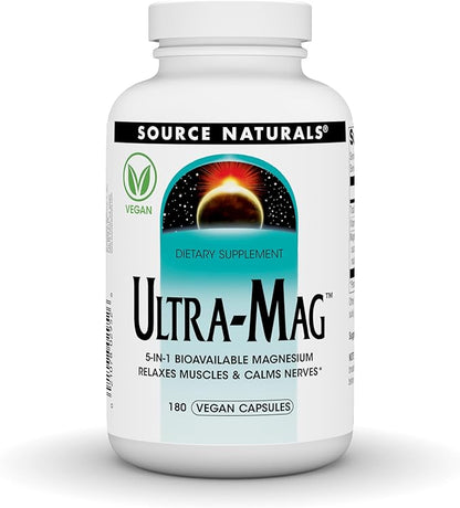 Source Naturals Ultra-Mag, Vegan Dietary Supplement, 5-in1 Bioavailable Magnesium, Relaxes Muscles & Calms Nerves*, Vegan Capsules (180)