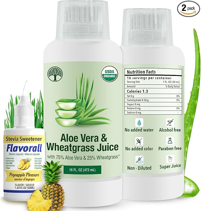 Aloe Vera & Wheatgrass Juice with Flavorall: USDA Certified Aloe Juice Shots - 30-Day Supply for Gut Detox, Immunity & Clear Skin, 75%-25% Highly Potent Concentration (Pineapple)
