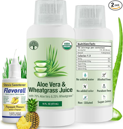 Aloe Vera & Wheatgrass Juice with Flavorall: USDA Certified Aloe Juice Shots - 30-Day Supply for Gut Detox, Immunity & Clear Skin, 75%-25% Highly Potent Concentration (Pineapple)