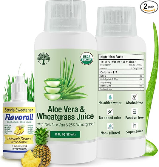 Aloe Vera & Wheatgrass Juice with Flavorall: USDA Certified Aloe Juice Shots - 30-Day Supply for Gut Detox, Immunity & Clear Skin, 75%-25% Highly Potent Concentration (Pineapple)