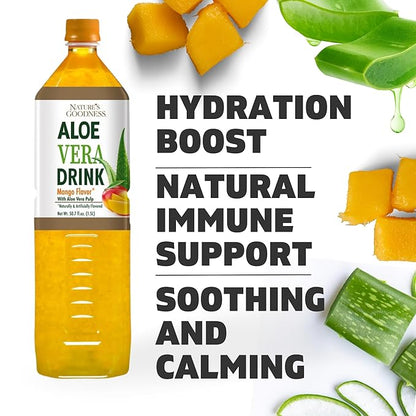 Nature's Goodness Aloe Vera Drink with Pulp Mango Flavor -12 Pack Case - 50.7 Fl Oz (1.5 L) Each - Total 18 Liters - Refreshing Beverage with Real Aloe Vera Juice