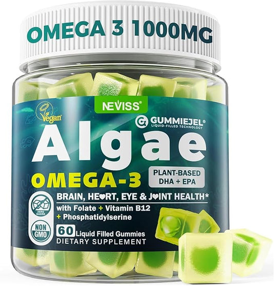Vegan Omega 3 Gummies 1000mg w/MethylFolate, Vitamin B12, Omega 3 Fish Oil Alternative for Adults, Plant Based DHA 460mg & EPA 230mg for Brain, Mobility, Eye & Immune, Sustainable, Sugar Free, 60 Cts