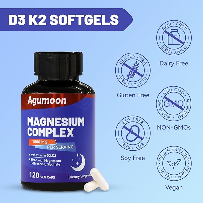 Magnesium Supplement with Vitamin D3 K2- Chelated Magnesium Complex 1800mg - Magnesium L-Threonine & Glycinate -120 Capsules