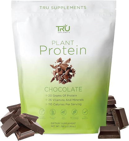 TRU Supplements Plant Based Protein Powder, BCAA, EAA, 20g Vegan Brown Rice & Pea Protein, 100 Calories, 27 Vitamins, No Artificial Flavors 25 Servings (Natural Chocolate Cream)