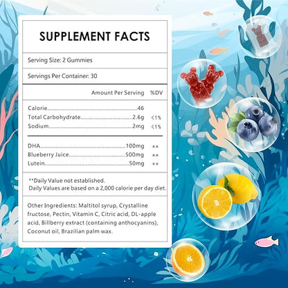 Children’s DHA Blueberry Flavoured Gummies, with Lutein, Omega-3 & Vitamin C Algae DHA, for Eye Health, Brain Health & Healthy Immunity, Gluten Free, Vegan, 60 Gummies.