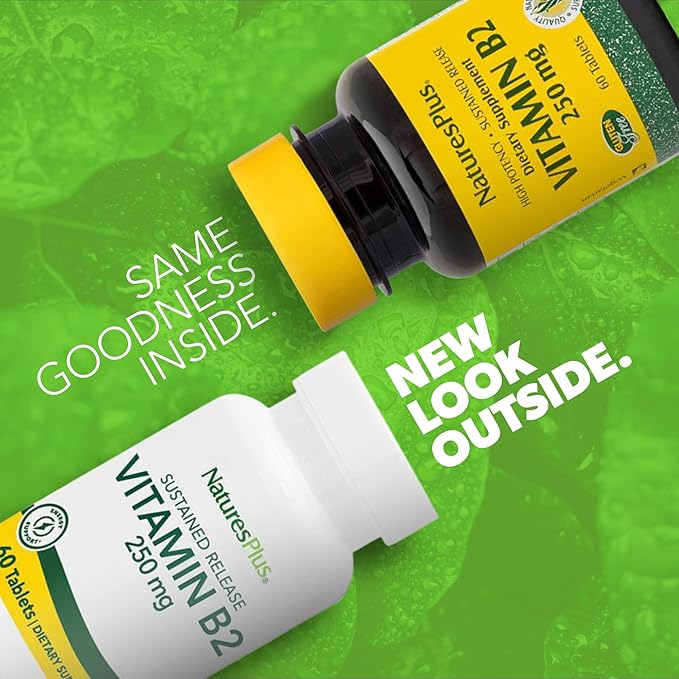 Natures Plus Vitamin B2 (Riboflavin) - 250 mg, 60 Vegetarian Tablets, Sustained Release - Natural Energy & Metabolism Booster, Promotes Overall Health - Gluten-Free - 60 Servings