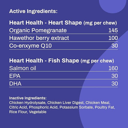 Heart Supplements for Dogs Omega 3 Chewable EPA DHA Dog Health Supplement with Salmon Oil, Pomegranate and CoQ10, 60 Chews