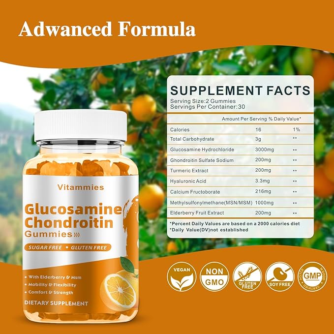 Glucosamine Chondroitin Gummies with MSM & Elderberry Extra Strength - Joint Support, Antioxidant Immune Support Supplement for Adults, Men & Women - 60 Orange Gummies
