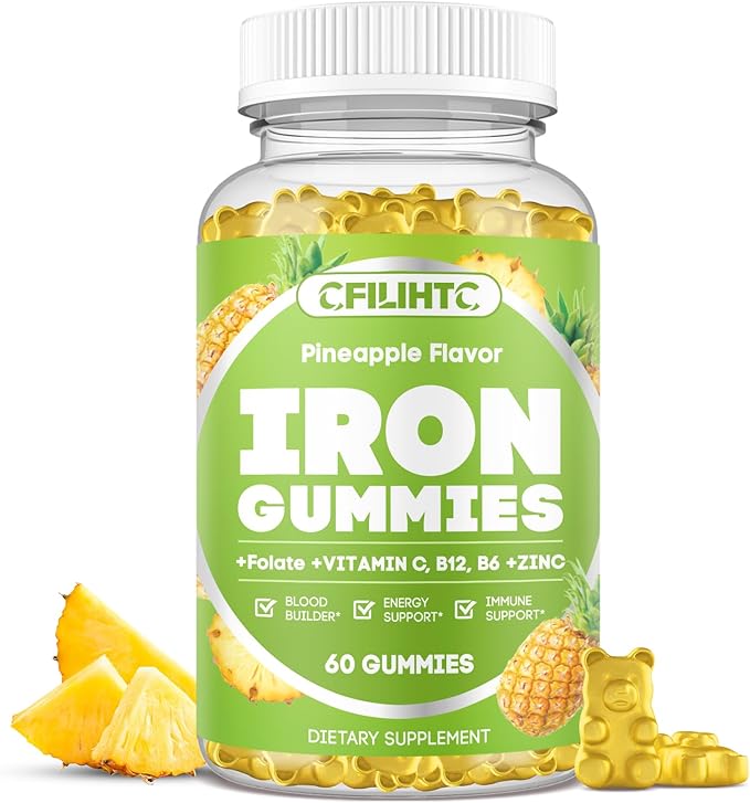 Iron Gummies for Adults & Kids - Iron Supplement with Vitamin B6, B12, C, Zinc, Folate for Women & Men - Support Iron Deficiency, Anemia, Energy Boost, Blood Builder - Sugar Free Vegan 60ct Pineapple