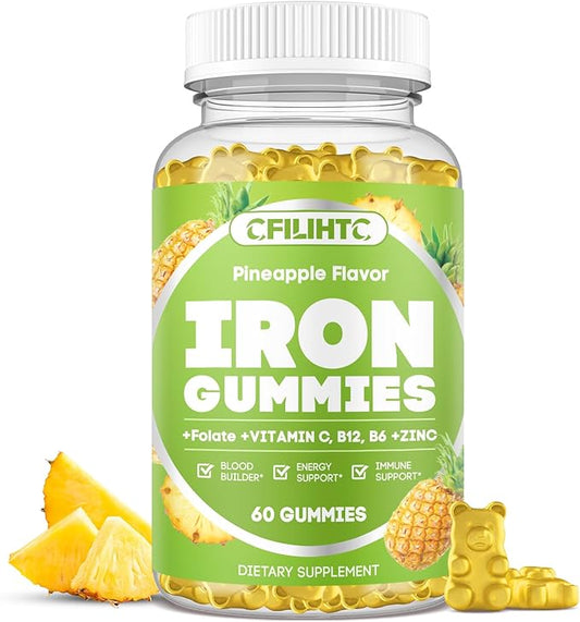 Iron Gummies for Adults & Kids - Iron Supplement with Vitamin B6, B12, C, Zinc, Folate for Women & Men - Support Iron Deficiency, Anemia, Energy Boost, Blood Builder - Sugar Free Vegan 60ct Pineapple