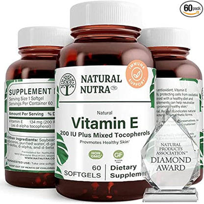 Natural Nutra Vitamin E 200 IU Supplement for Skin, Hair and Nails, Promote Heart Health, Helps Reduce Redness, Helps to Prevent Skin Texture, Promoted Immune System, Gluten Free, 60 Softgels