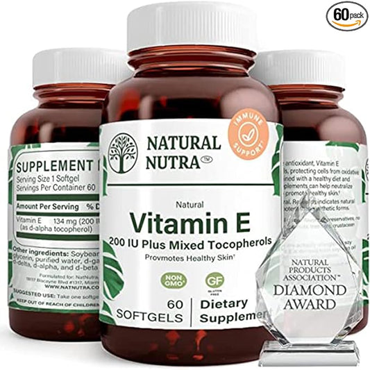 Natural Nutra Vitamin E 200 IU Supplement for Skin, Hair and Nails, Promote Heart Health, Helps Reduce Redness, Helps to Prevent Skin Texture, Promoted Immune System, Gluten Free, 60 Softgels