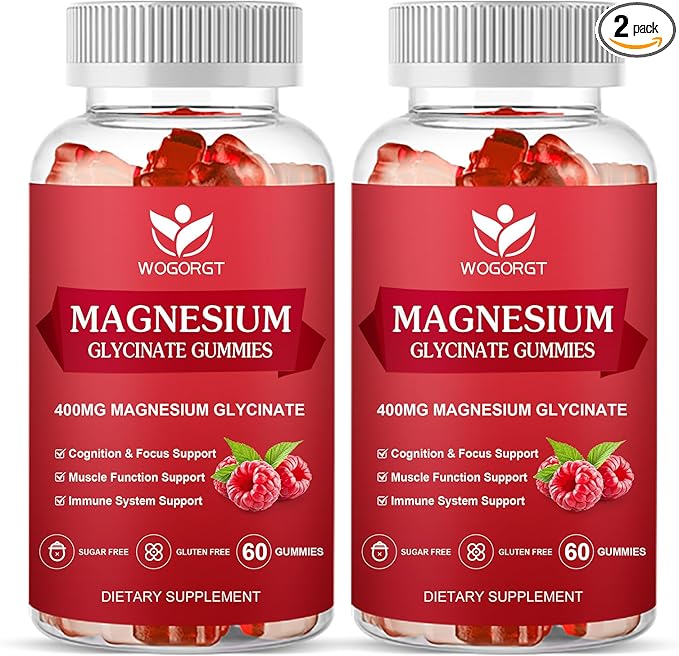 Magnesium Glycinate Gummies - 400mg Magnesium Glycinate Gummies with Vitamin D, B6, and CoQ10, Magnesium Supplement for Relaxation and Cognition, Sugar Free - 60 Raspberry Gummies (2 Pack)