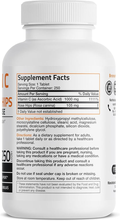 Bronson Vitamin C 1000 mg with Rose HIPS Sustained Release, 250 Tablets