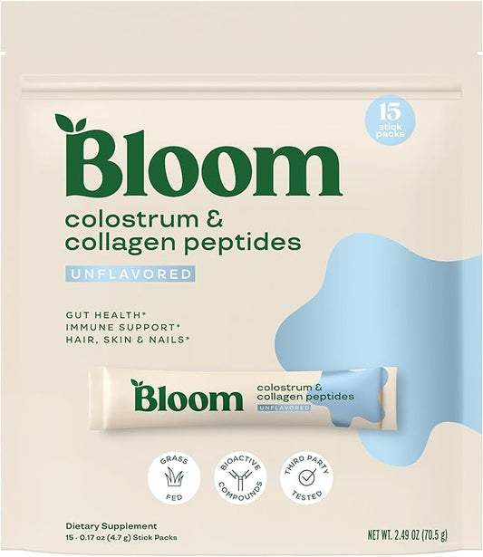 Bloom Nutrition Bovine Colostrum Powder Packet, Gut Health, Immune Support, Hair Growth & Beauty Supplement, Gluten Free, Sugar Free | Unflavored, 15 Servings