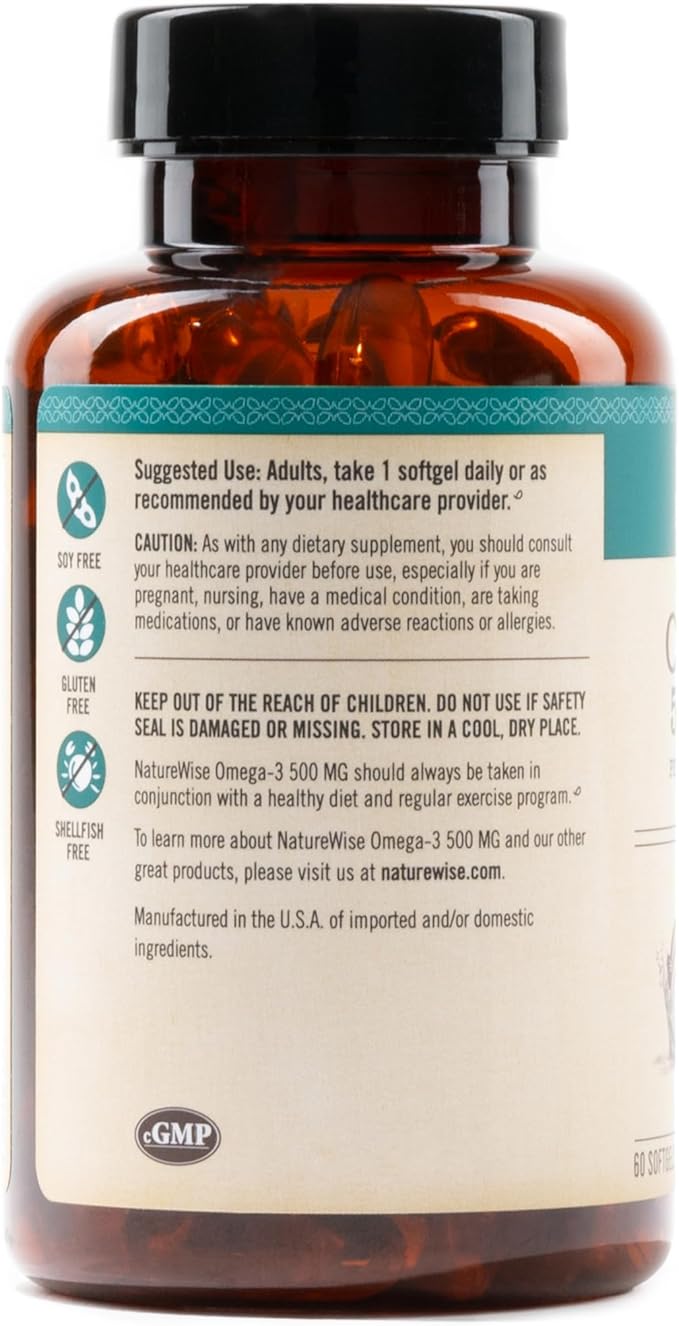 NatureWise Omega 3 Fish Oil - 500 mg per Pill - EPA & DHA - Immune Support, Brain & Heart Health, Optimal Wellness - Gluten and Soy Free, Non-GMO - 60 Softgels[2-Month Supply]