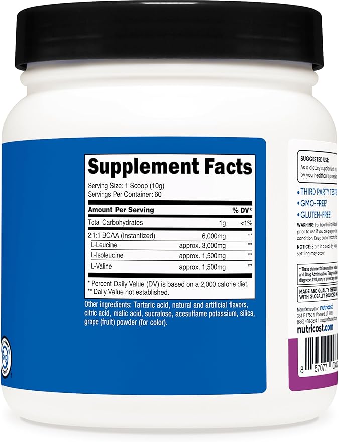 Nutricost BCAA Powder (Grape, 60 Servings) - Optimal 2:1:1 Ratio, Vegetarian Friendly, Non-GMO, Gluten Free