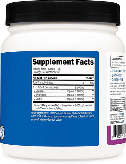 Nutricost BCAA Powder (Grape, 60 Servings) - Optimal 2:1:1 Ratio, Vegetarian Friendly, Non-GMO, Gluten Free