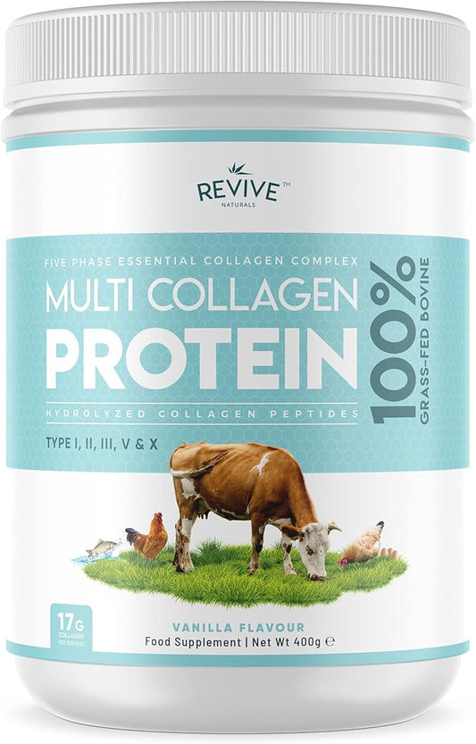 Revive Naturals Vanilla Multi Collagen Protein Powder - 400g - Unsweetened - 5 Types of Collagen Peptides - Hydrolyzed Grass Fed Bovine, Wild Caught Marine & Free-Range Chicken - Keto Approved
