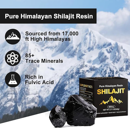 Pure Himalayan Shilajit for Men & Women, Fulvic Acid & 85+ Trace Minerals Supplement for Immune Boost & Energy Support, 800mg High Potency Gold Organic Shilajit Resin（60g）