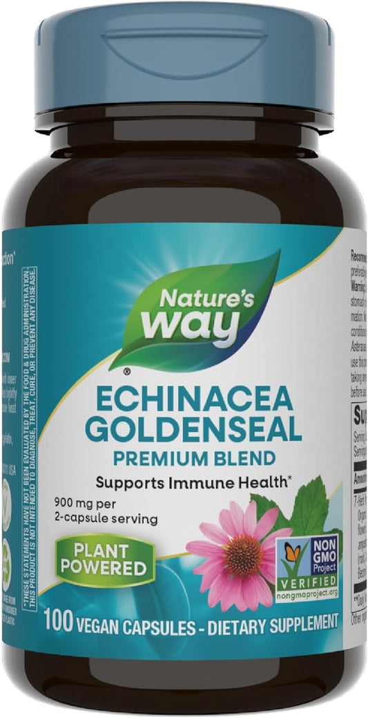 Nature's Way Echinacea Goldenseal, Premium Blend, Supports Immune Health*, 900 mg per 2-Capsule Serving, Non-GMO Project Verified, Vegan, 100 Capsules (Packaging May Vary)