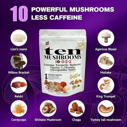 17-in-1 Mushroom Coffee with Guarana, Turmeric, Berberine, Taurine, L-Theanine, Ashwagandha & Inulin for Focus, Energy, Immunity, Stress Relief & Digestive Health-10 Mushroom Instant Coffee (60 Srvs)
