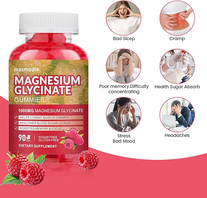 Magnesium Gummies 1000mg -Magnesium Glycinate Supplement and Magnesium L-Threonate Gummy,Sugar Free Magnesium Potassium Supplement for Calm Mood, Muscle, Bone & Sleep Support 90 Raspberry Gummies
