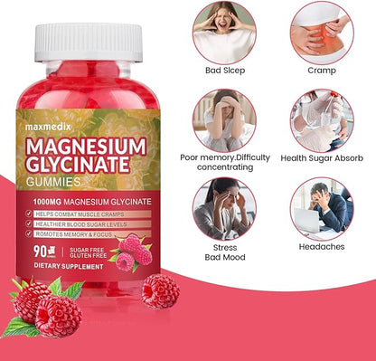 Magnesium Gummies 1000mg -Magnesium Glycinate Supplement and Magnesium L-Threonate Gummy,Sugar Free Magnesium Potassium Supplement for Calm Mood, Muscle, Bone & Sleep Support 90 Raspberry Gummies