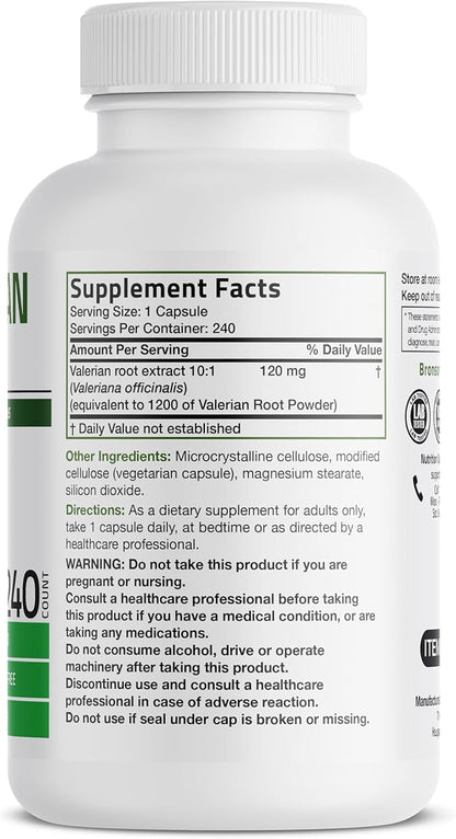 Bronson Valerian Root Capsules - Valerian Officinalis - Promotes Relaxation - Non-GMO, Soy-Free Gluten-Free, 240 Vegetarian Capsules