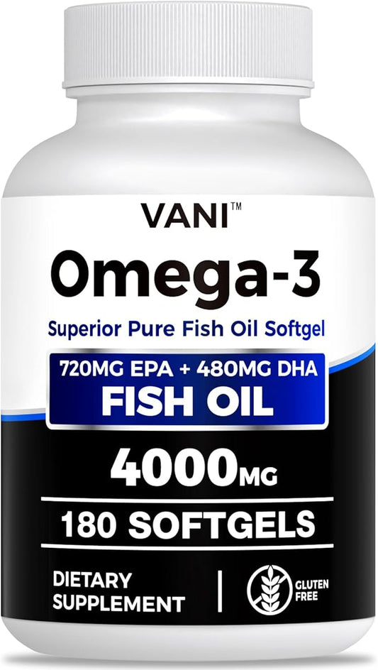 Fish Oil Omega 3 （4000mg）, 180 Softgels，Omega 3 Fatty Acid Supplements with EPA & DHA for Brain & Heart Health*