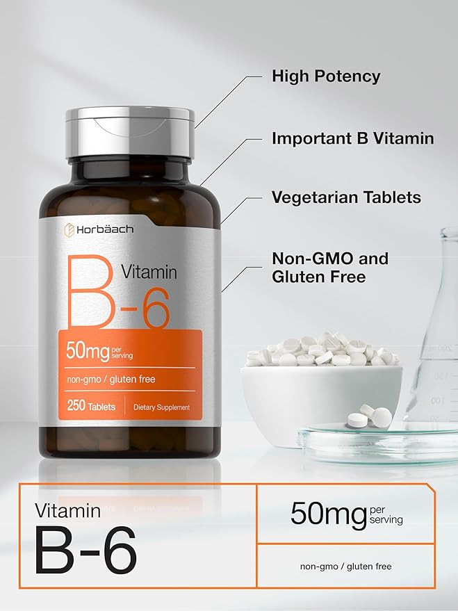 Horbäach B6 Vitamin 50mg | 250 Tablets | Non-GMO & Gluten Free Supplement