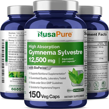 NusaPure Gymnema Sylvestre 50:1 Extract, 250 mg Equivalent to 12,500mg Per Vegan Caps - 150 Count (Non-GMO, Vegan, Bioperine)