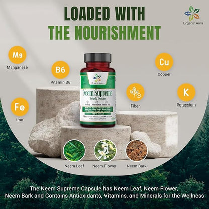 Organic Aura Neem Supreme Capsules. 150 Veg Capsules. Triple Complex - Max Strength Pure High-Potency Azadirachta Indica Capsule. Natural Antioxidant, Skin Health, Abundant Immunity Support.